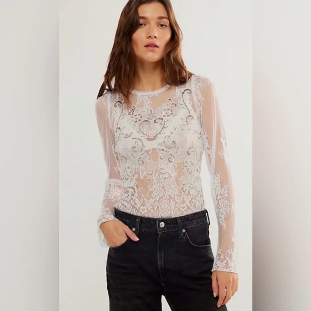 Free People Ready to Party Lace Bodysuit Small Medium - Picture 2 of 4